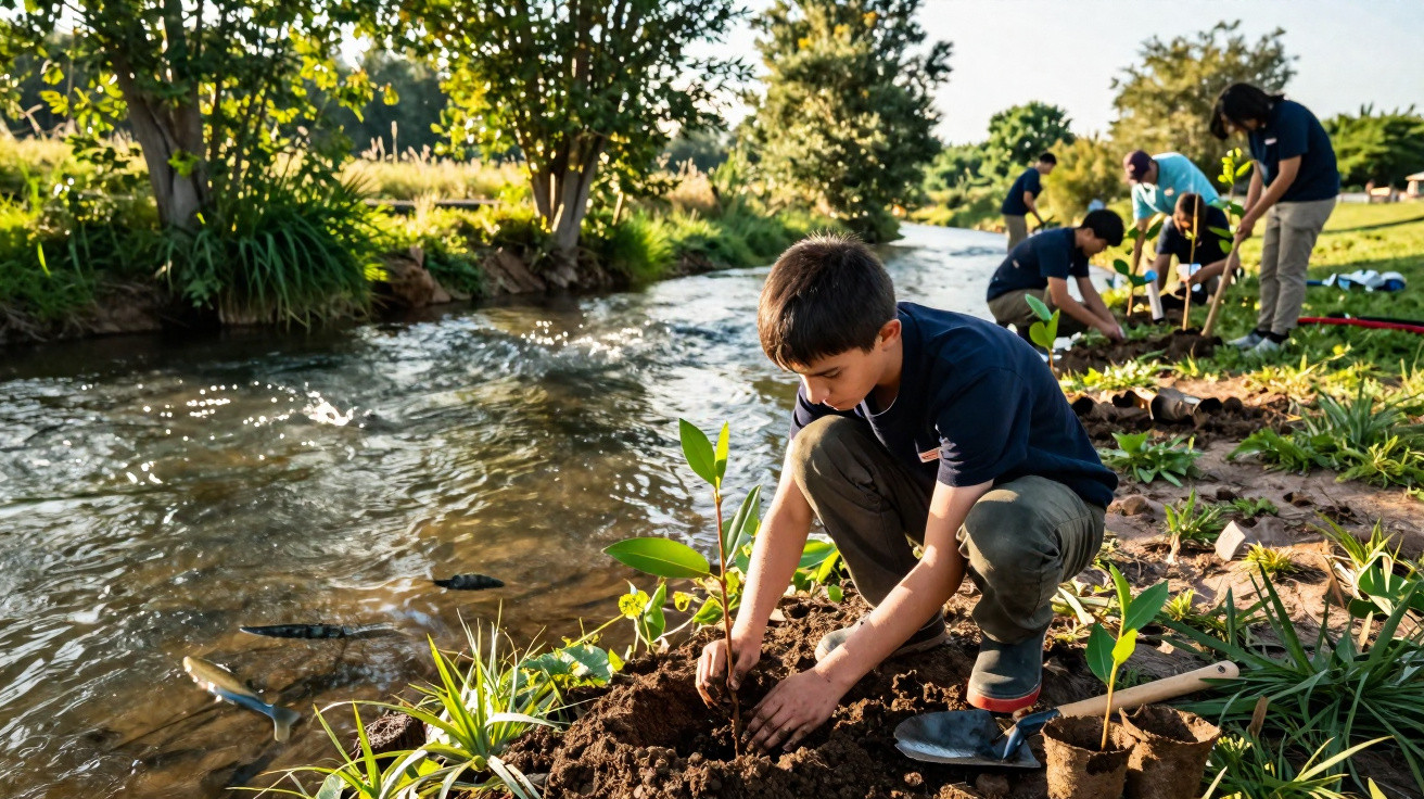 Grupo de crianças plantando mudas perto de um rio em área verde ensolarada.