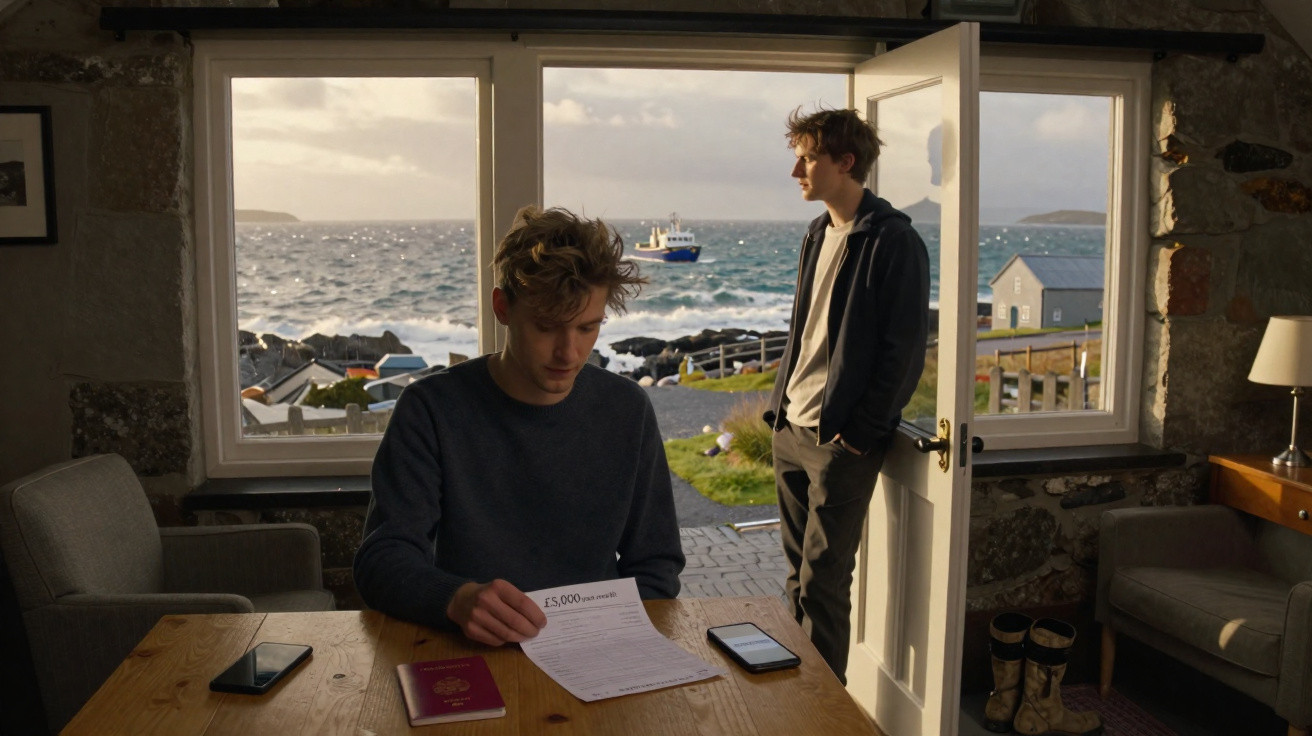 Dois homens em uma sala com vista para o mar, um lendo documentos e outro olhando para o horizonte.