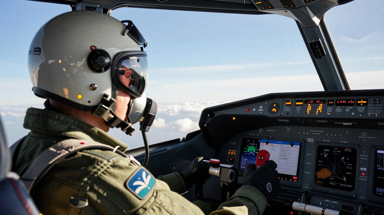 Piloto militar com capacete operando cockpit de avião em voo acima das nuvens.