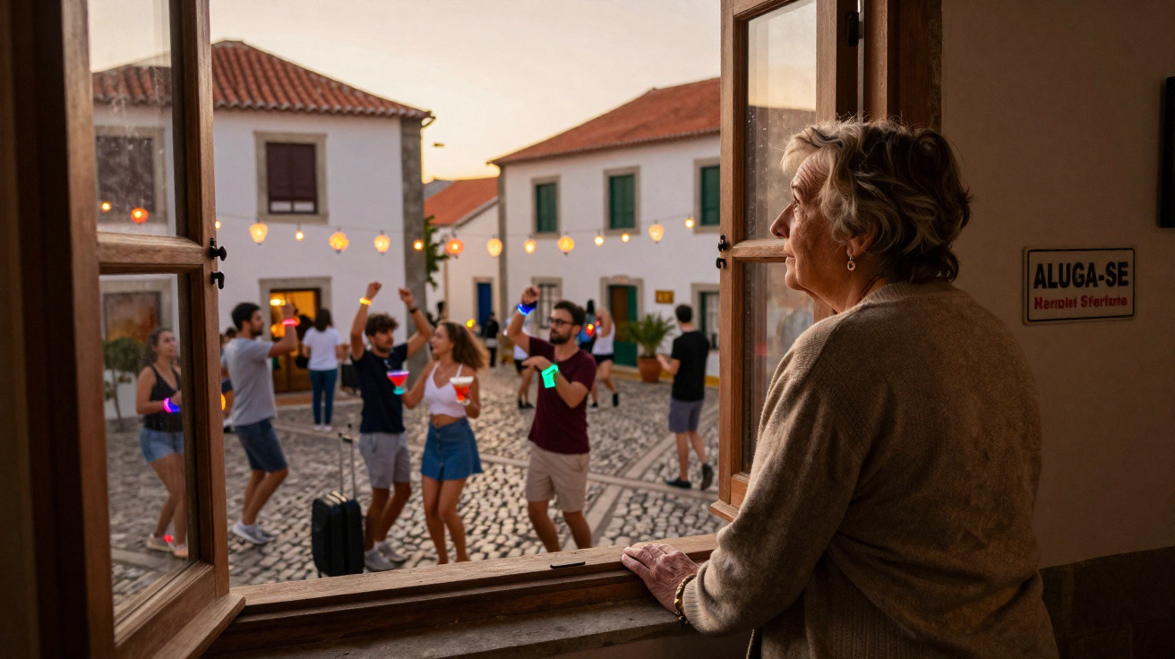 Mulher idosa observa pessoas dançando e se divertindo em pátio de casas ao entardecer.