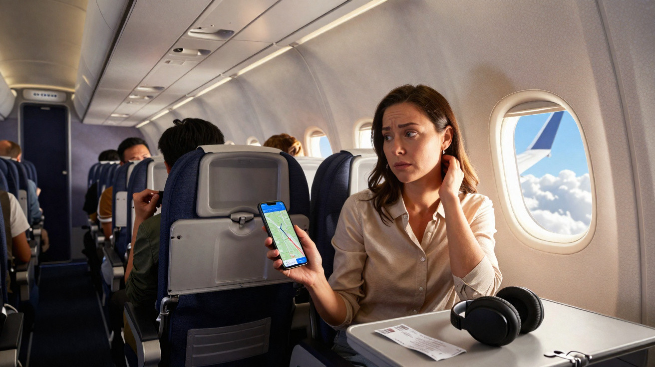 Mulher preocupada mostra aplicativo de localização no celular dentro de avião sentado ao lado da janela.