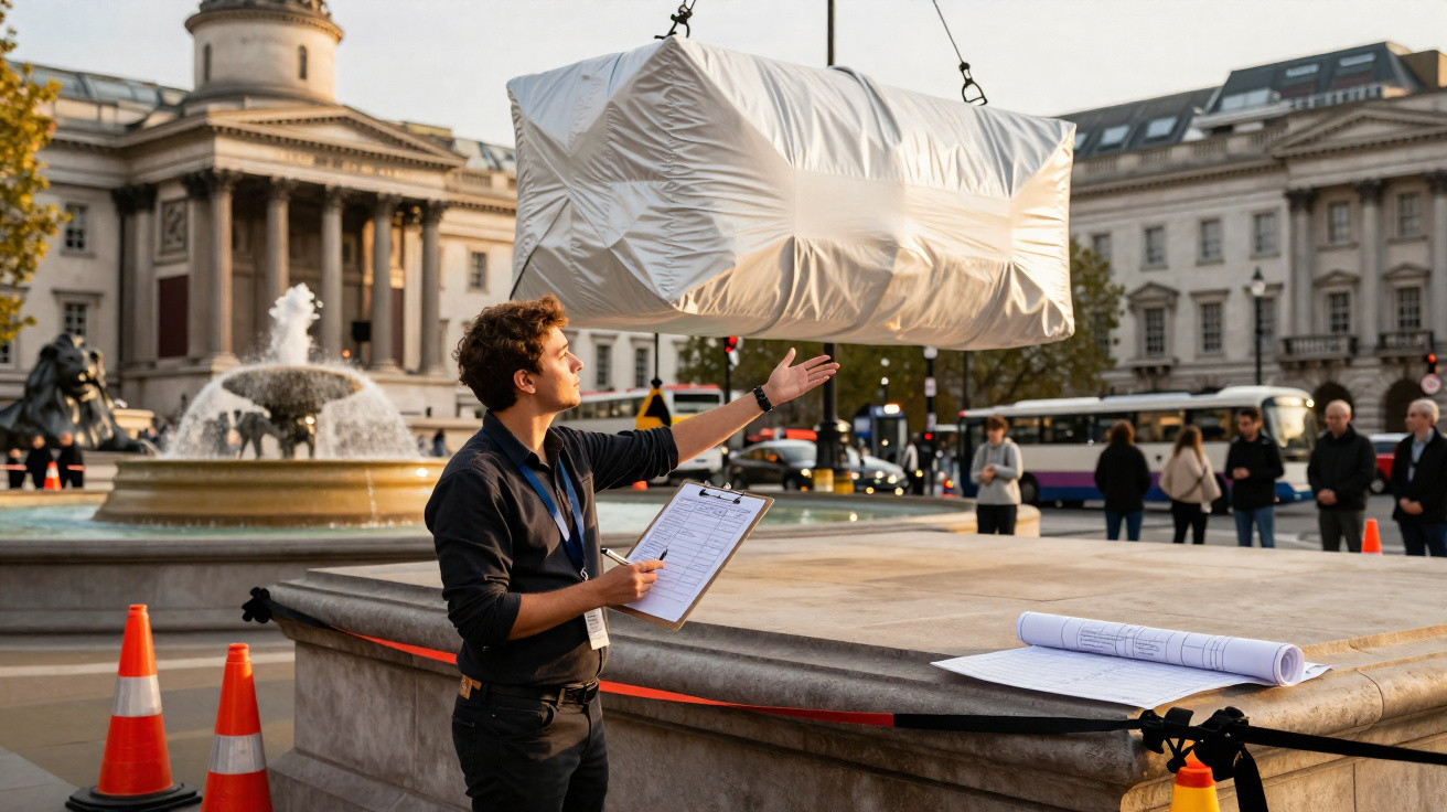 Homem com prancheta supervisiona içamento de objeto coberto próximo a fonte em praça movimentada.