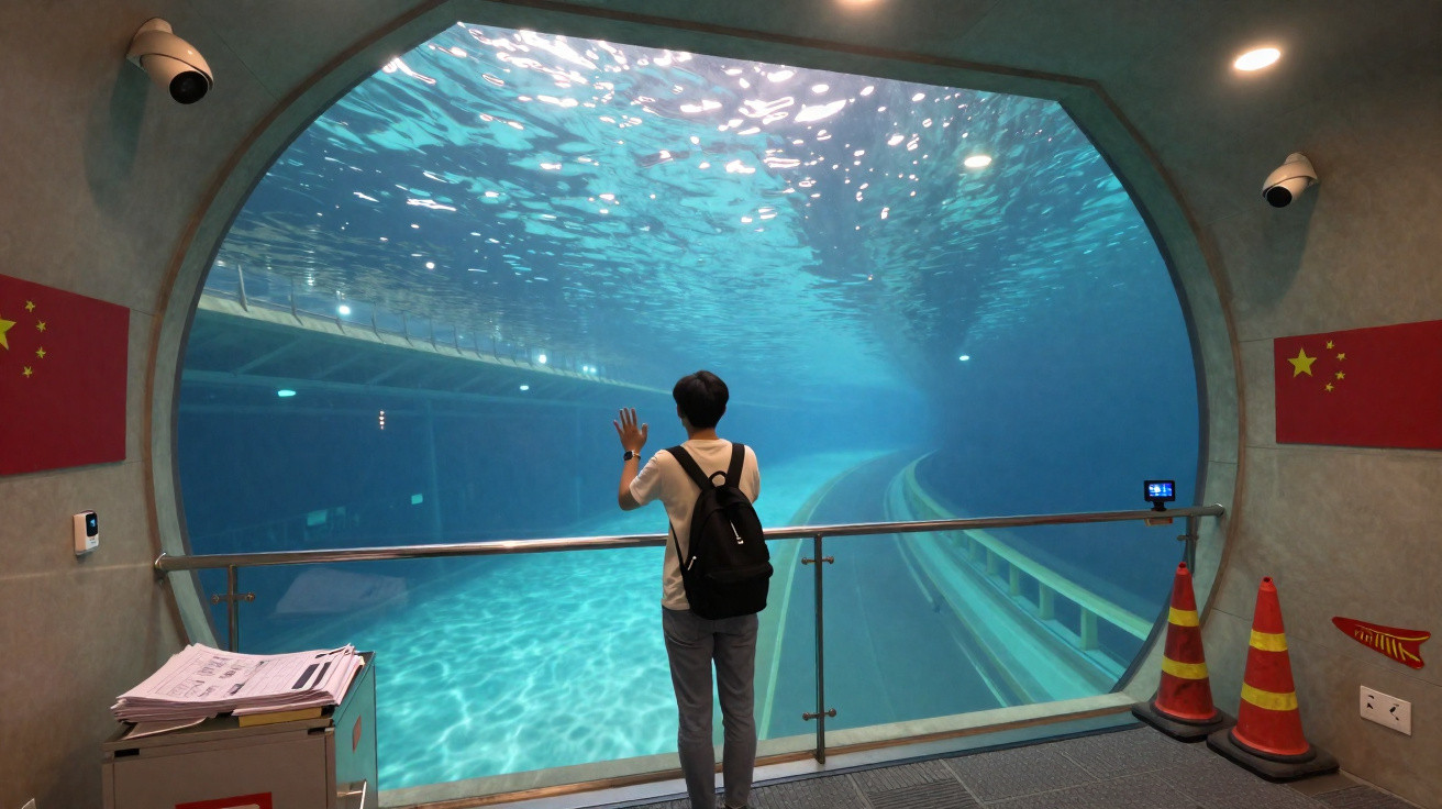 Pessoa com mochila observa tanque gigante de água em túnel transparente dentro de aquário.