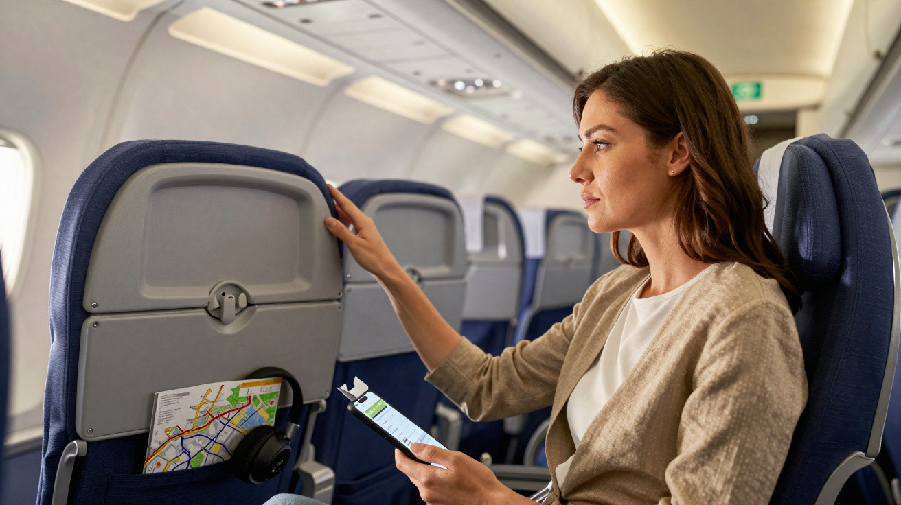 Mulher sentada em avião olhando pela janela enquanto segura um tablet na mão.