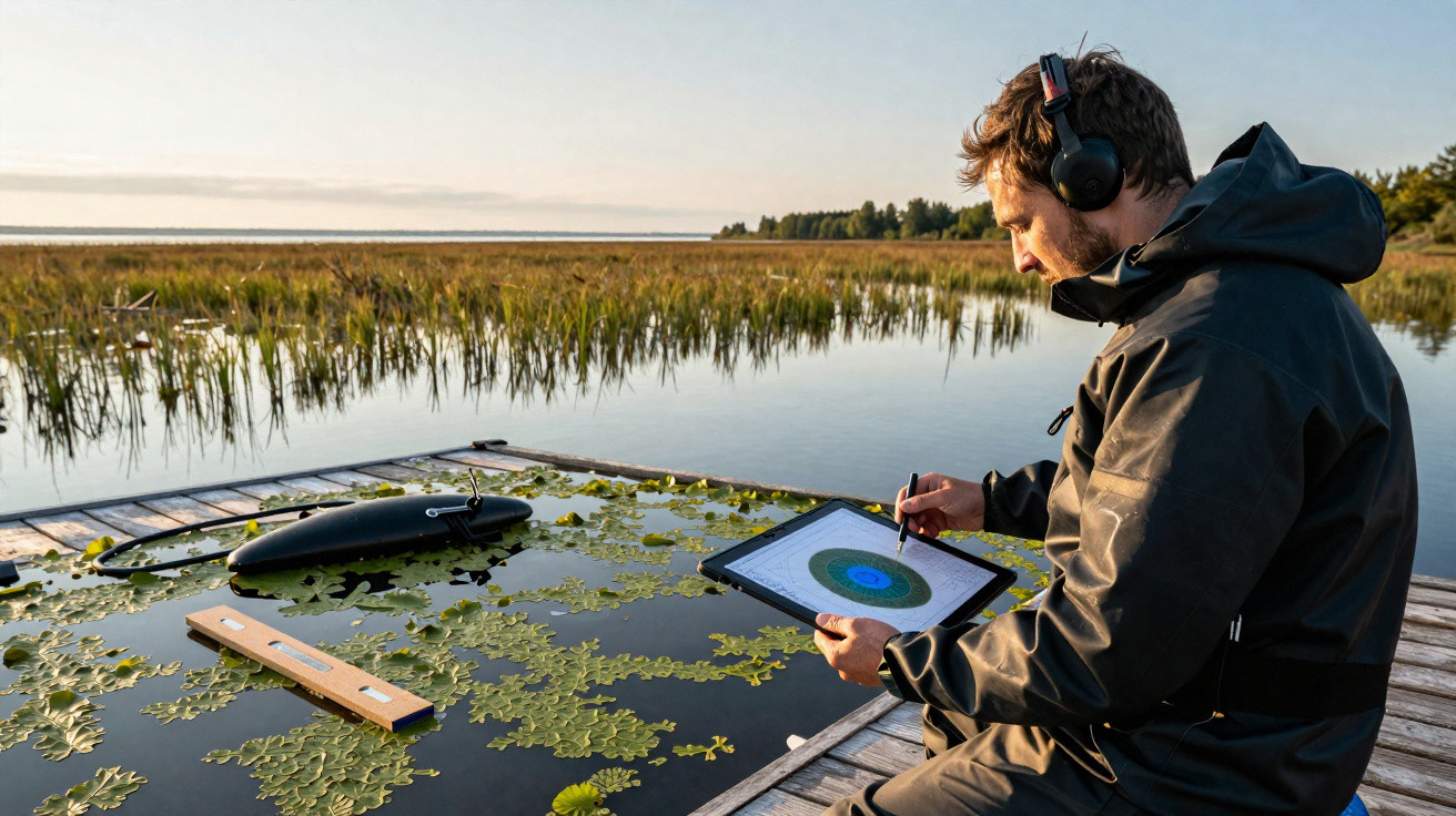 Homem de jaqueta e fone usa tablet para análise ambiental em deck sobre lago com vegetação aquática.