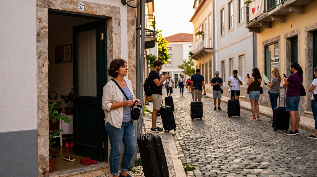 Pessoas aguardando na rua de paralelepípedos com malas pretas e usando celulares ao entardecer.