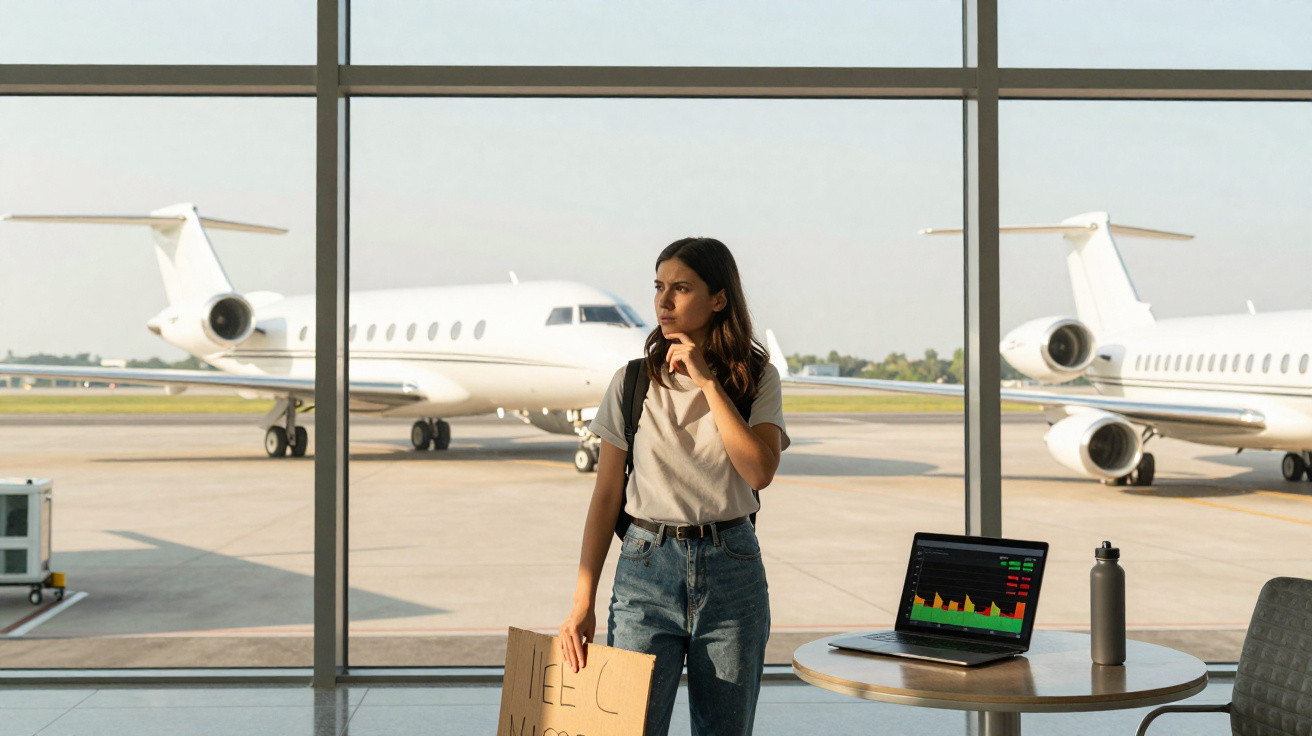 Mulher jovem em aeroporto com mochila e cartaz, ao lado de laptop, janelas mostram jatos privados no pátio.