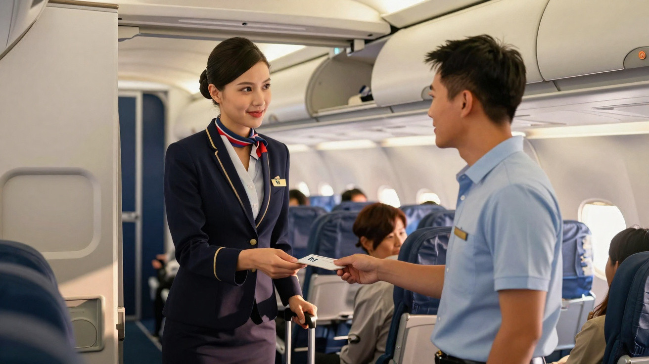 Comissária de bordo entregando cartão a passageiro em avião com poltronas azuis.
