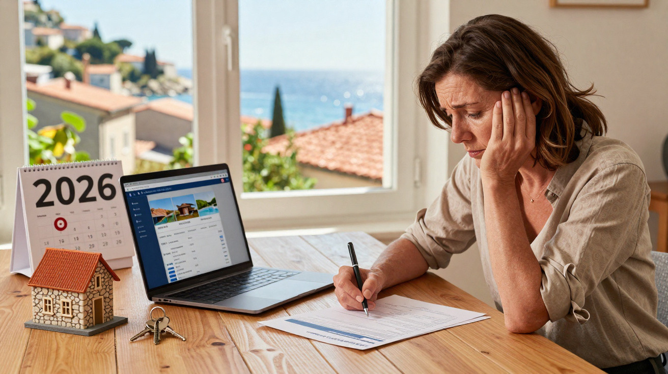Mulher preocupada assina documento em mesa com laptop, chave, mini casa e calendário de 2026.
