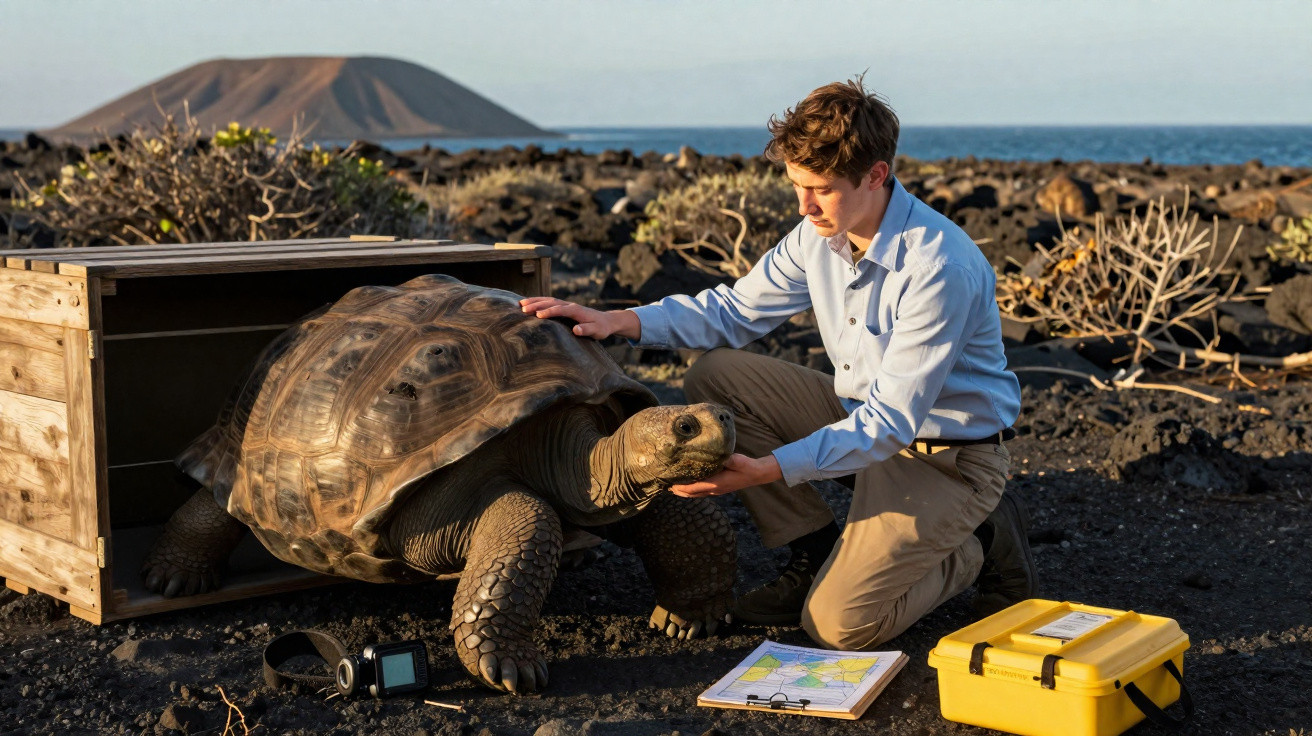 Jovem em área rochosa interage com tartaruga gigante que sai de caixa de madeira na paisagem costeira.