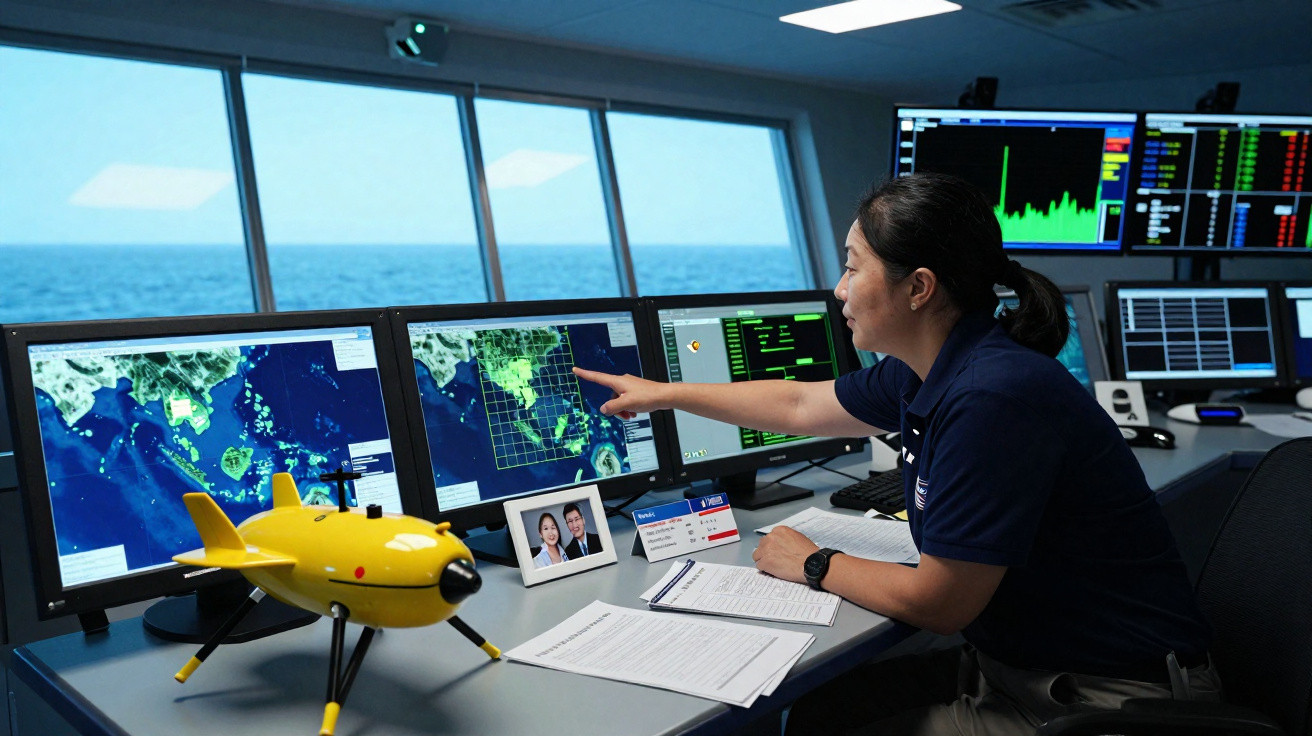Mulher operando equipamentos de monitoramento com mapas em telas e modelo de submarino amarelo em mesa.