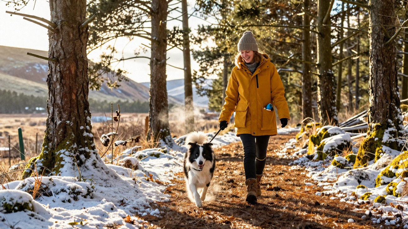 Mulher de casaco amarelo caminhando com cachorro em trilha coberta de neve entre árvores.