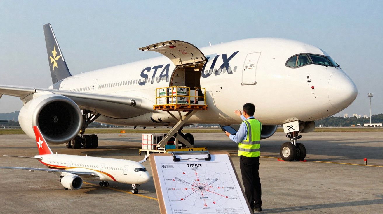 Funcionário confere carga e documentação perto de avião cargueiro da StarLux no pátio de aeroporto.