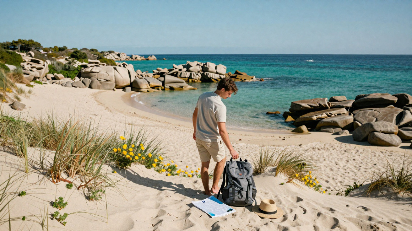 Homem com mochila observa praia de areia branca com pedras grandes e mar azul em dia ensolarado.