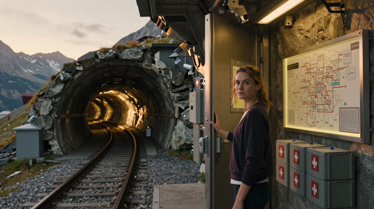 Mulher ao lado de mapa de rotas em estação ferroviária perto da entrada de um túnel na montanha ao entardecer.