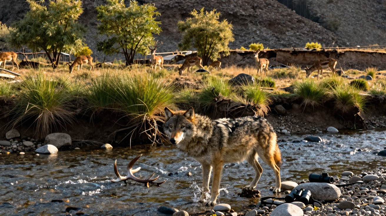 Lobo cinzento em riacho com chifres de veado e grupo de veados ao fundo em área rochosa e gramada.