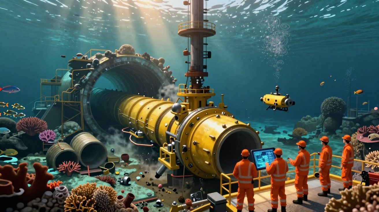 Equipe de trabalhadores em equipamento submarino conectado a um grande tubo sob o mar com peixes e corais.