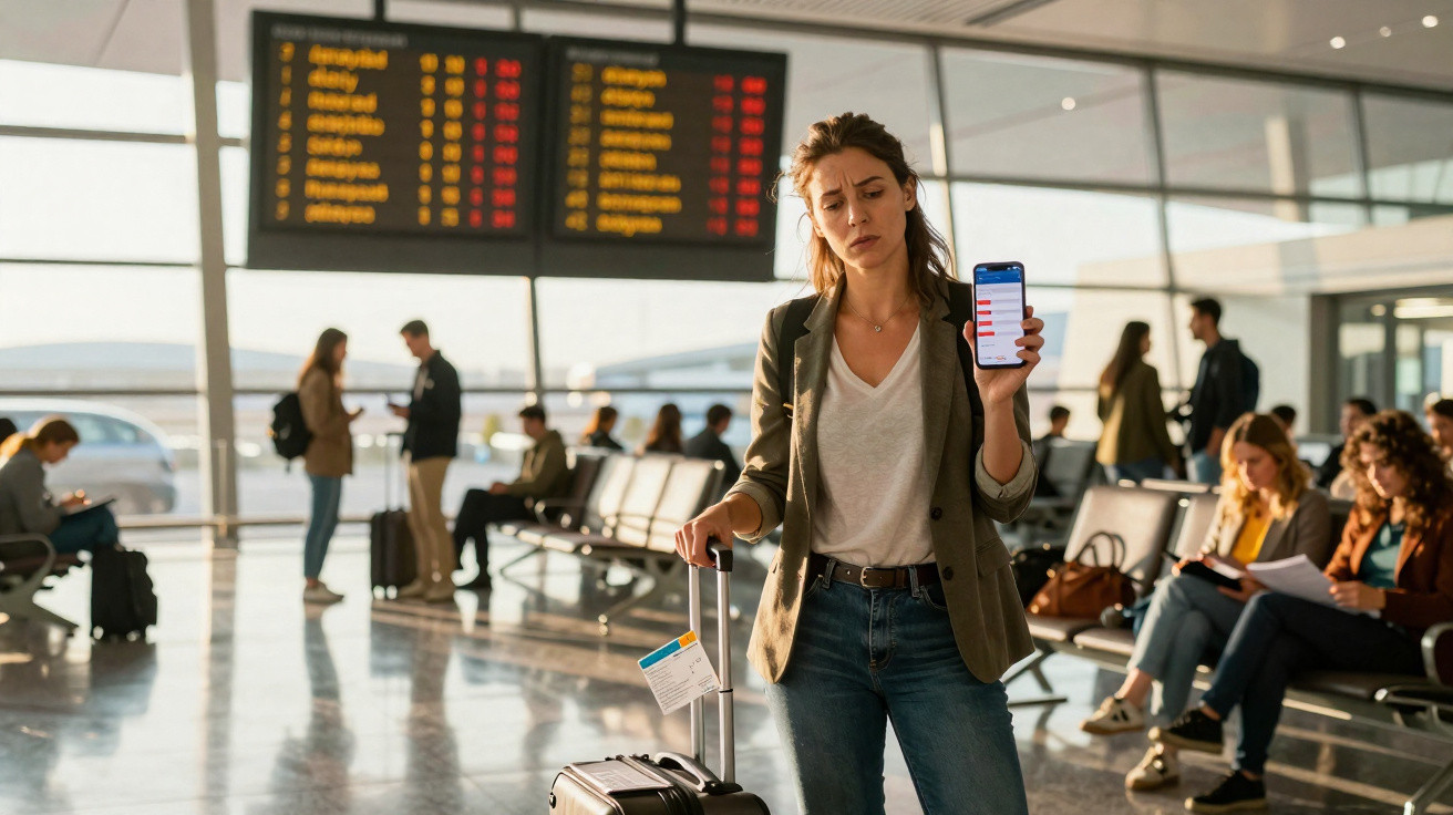 Mulher preocupada em aeroporto segurando smartphone com alerta de voo atrasado ou cancelado.