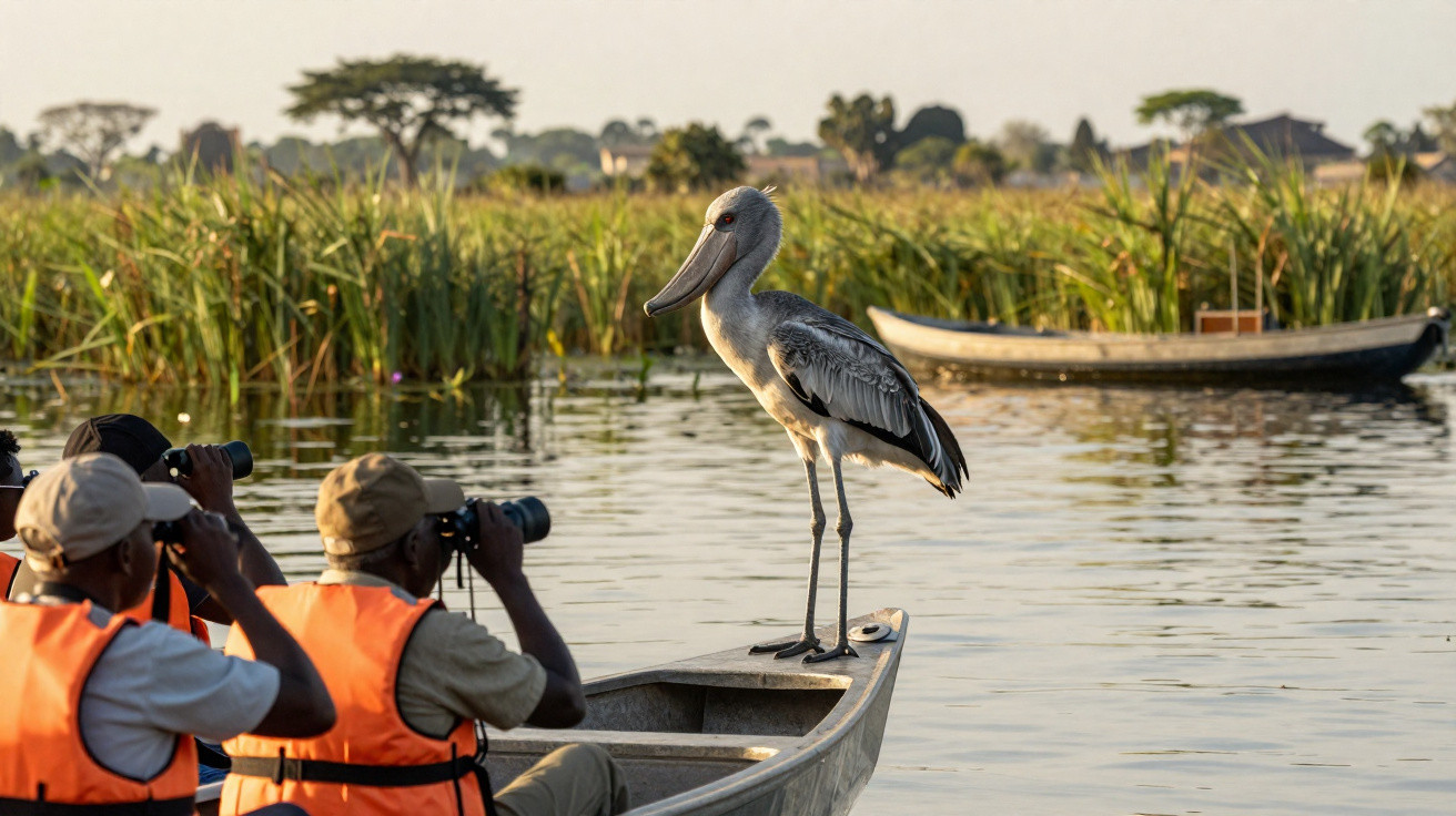 Homens de colete laranja fotografam ave grande em canoa em lago com vegetação ao fundo.