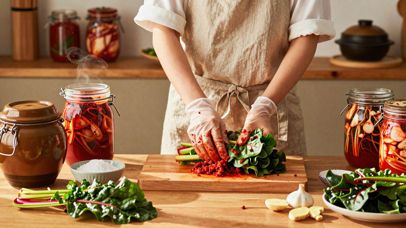 Pessoa com avental preparando vegetais com pimenta e folhas verdes em cozinha rústica.