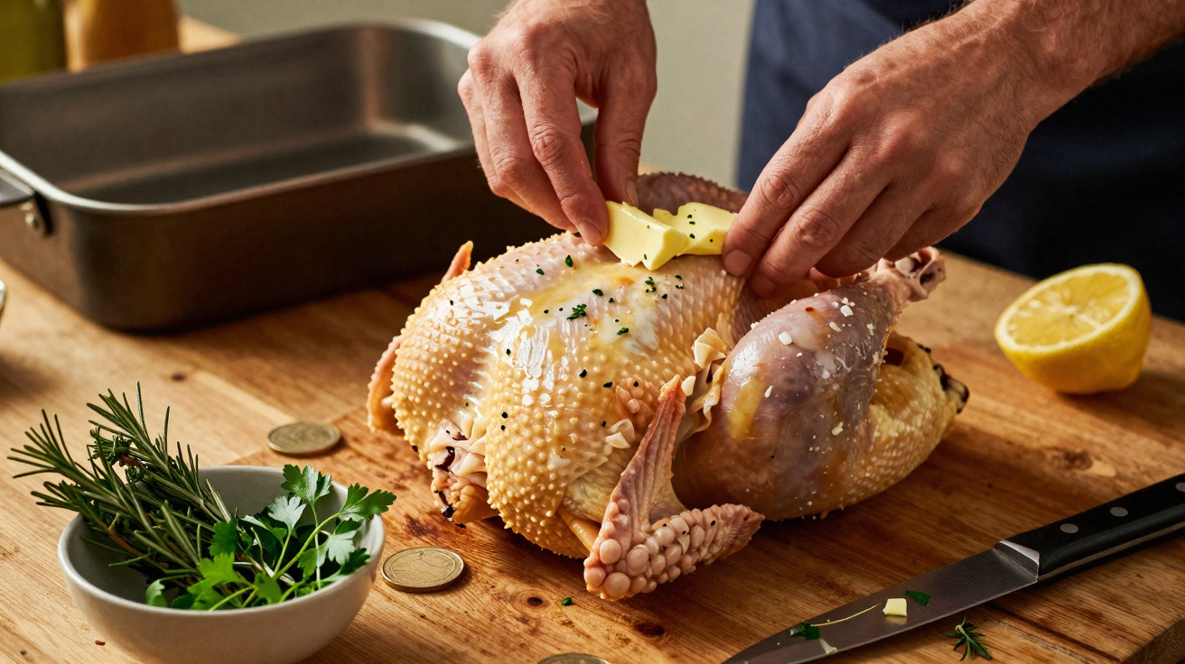 Mãos colocando manteiga em frango cru temperado sobre tábua de madeira com ervas e limão ao lado.