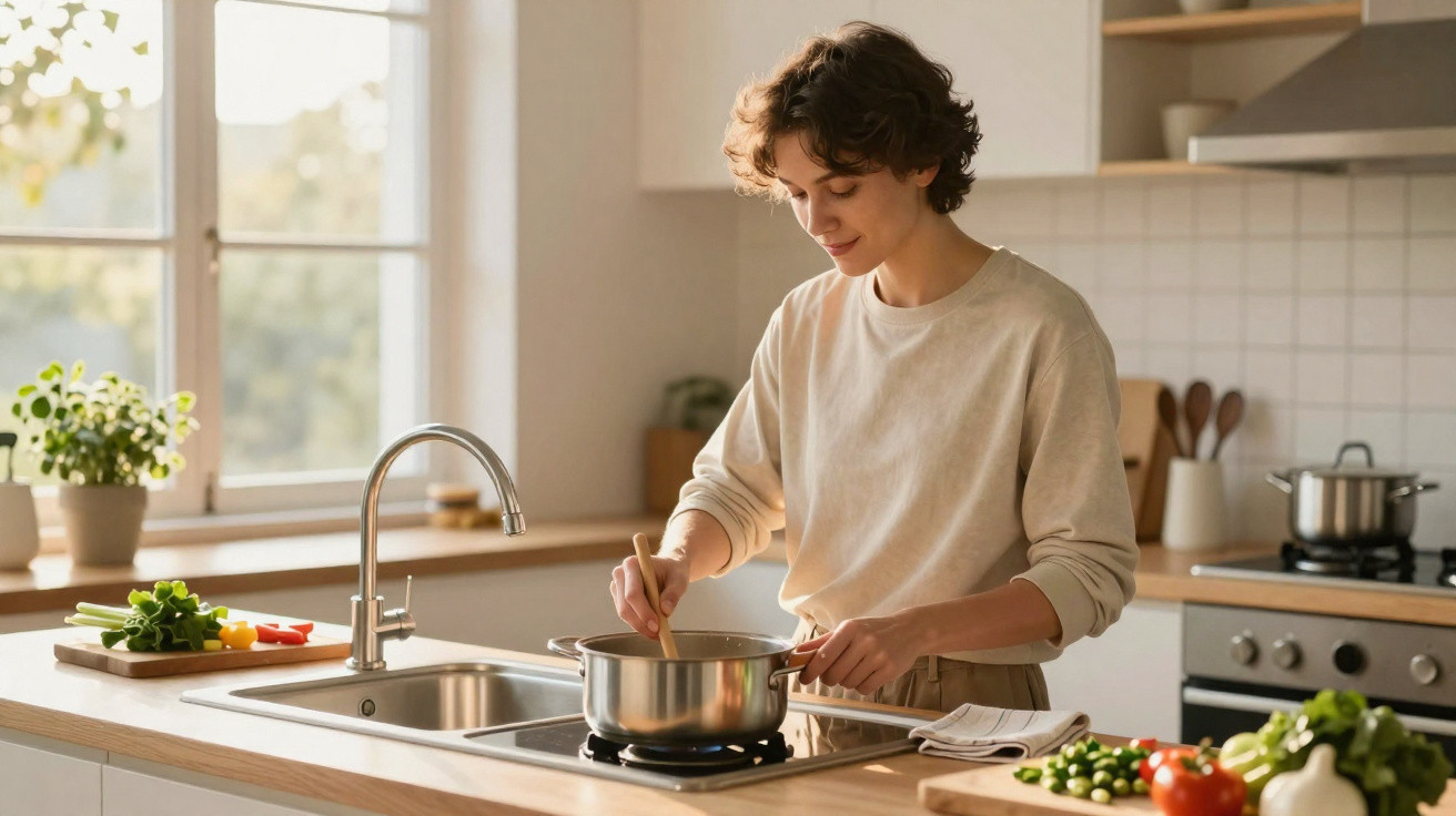 Pessoa jovem cozinhando e mexendo panela na cozinha iluminada e organizada com plantas e legumes frescos.