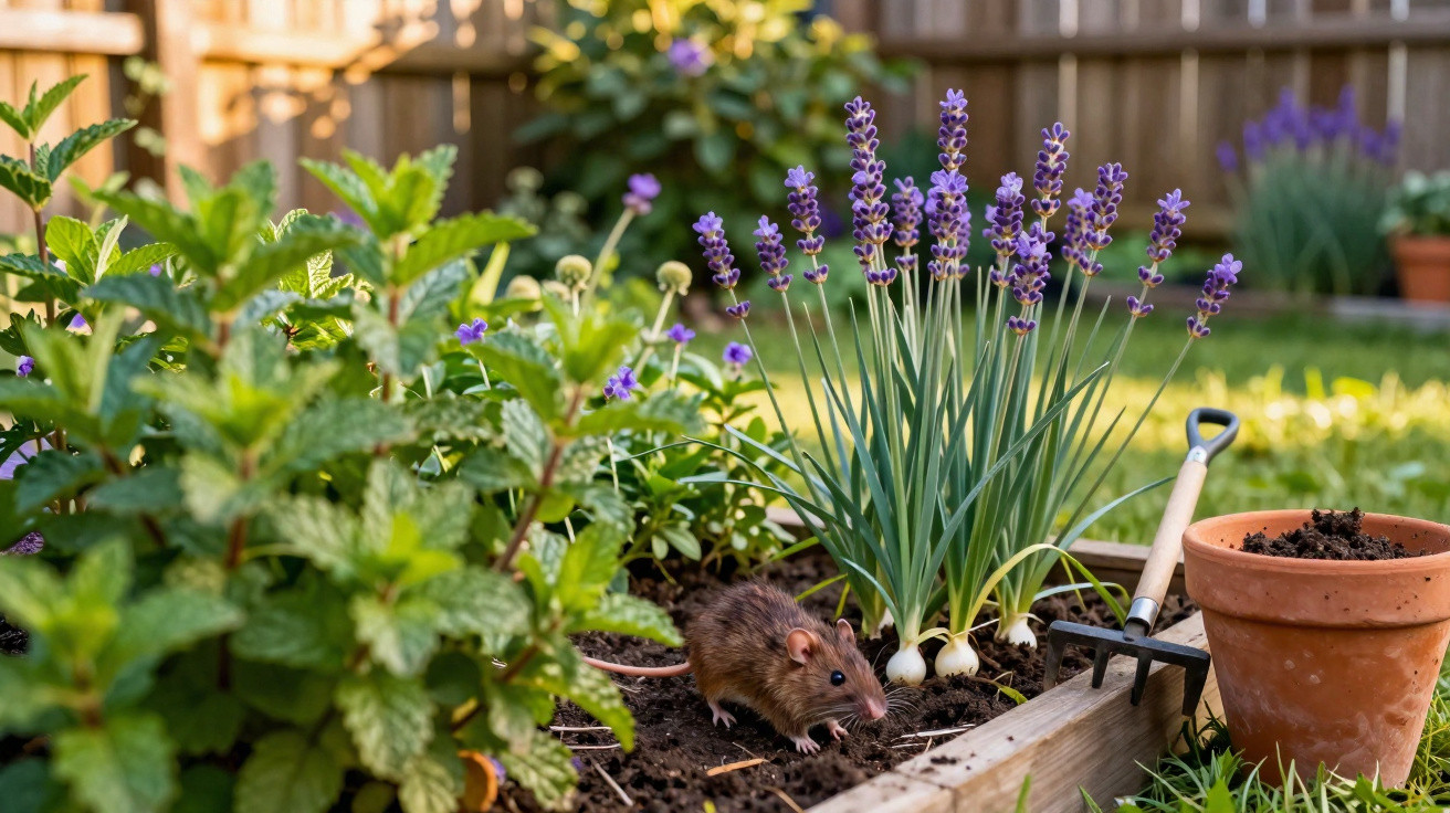 Rato entre plantas de ervas aromáticas num canteiro de jardim, com regador e vaso de barro.