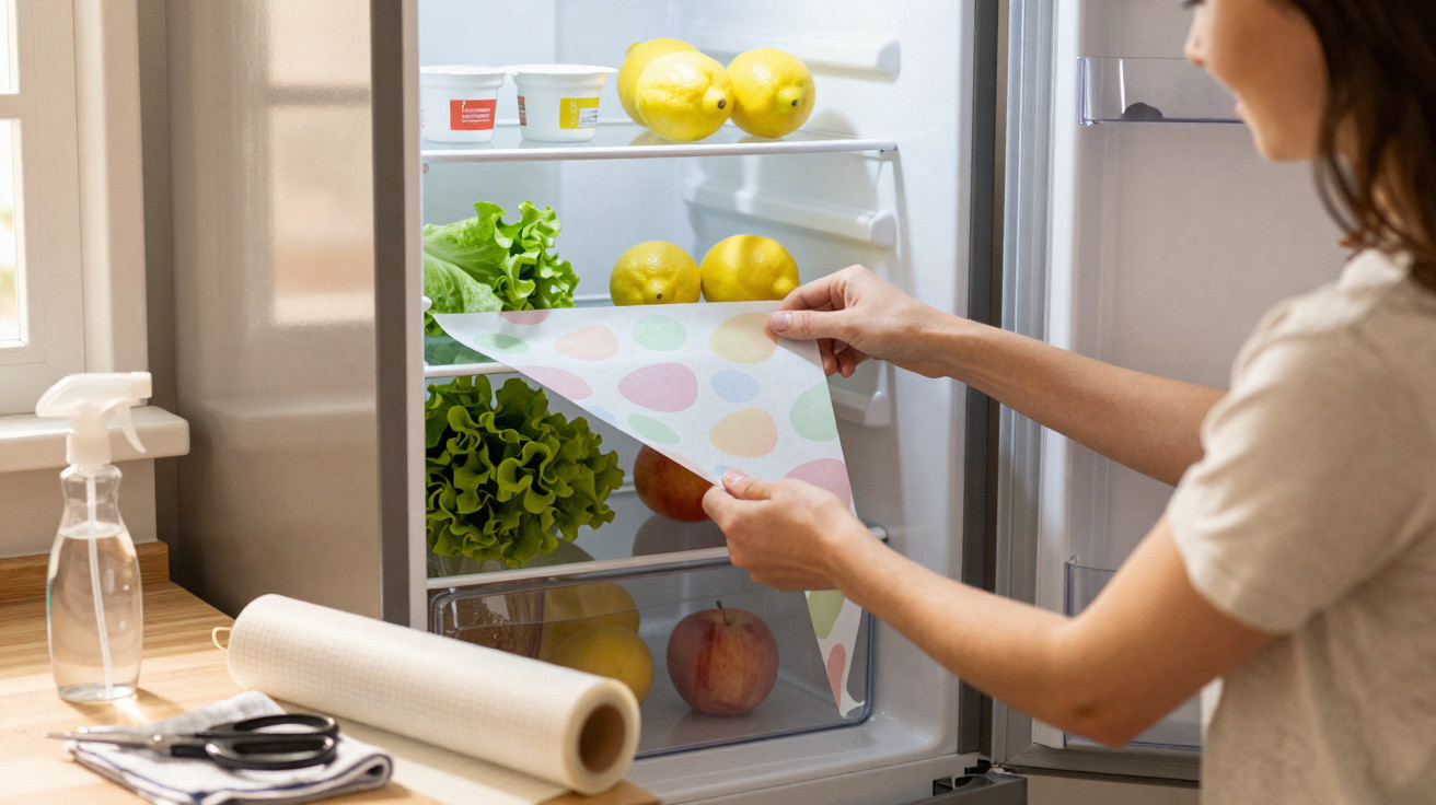 Pessoa colocando papel protetor colorido na prateleira interna de geladeira com frutas e verduras.