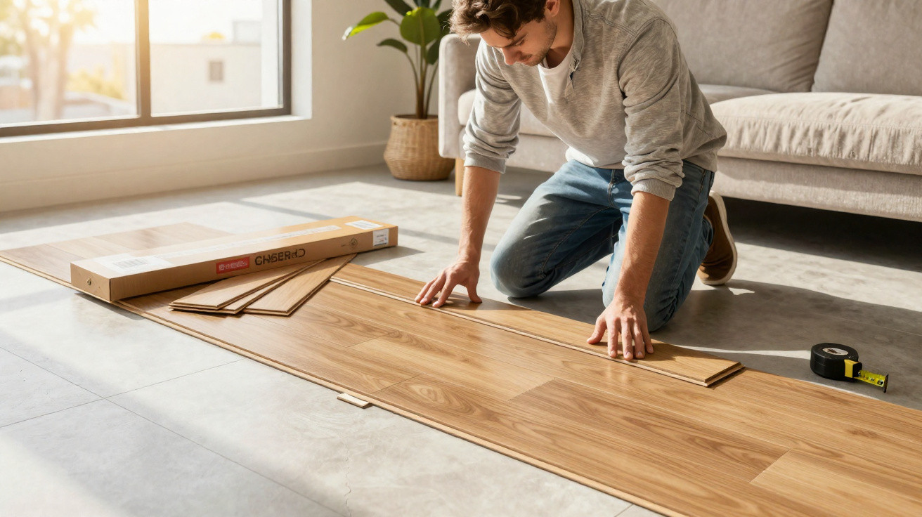 Homem ajoelhado instalando piso laminado em ambiente claro com sofá e planta ao fundo.