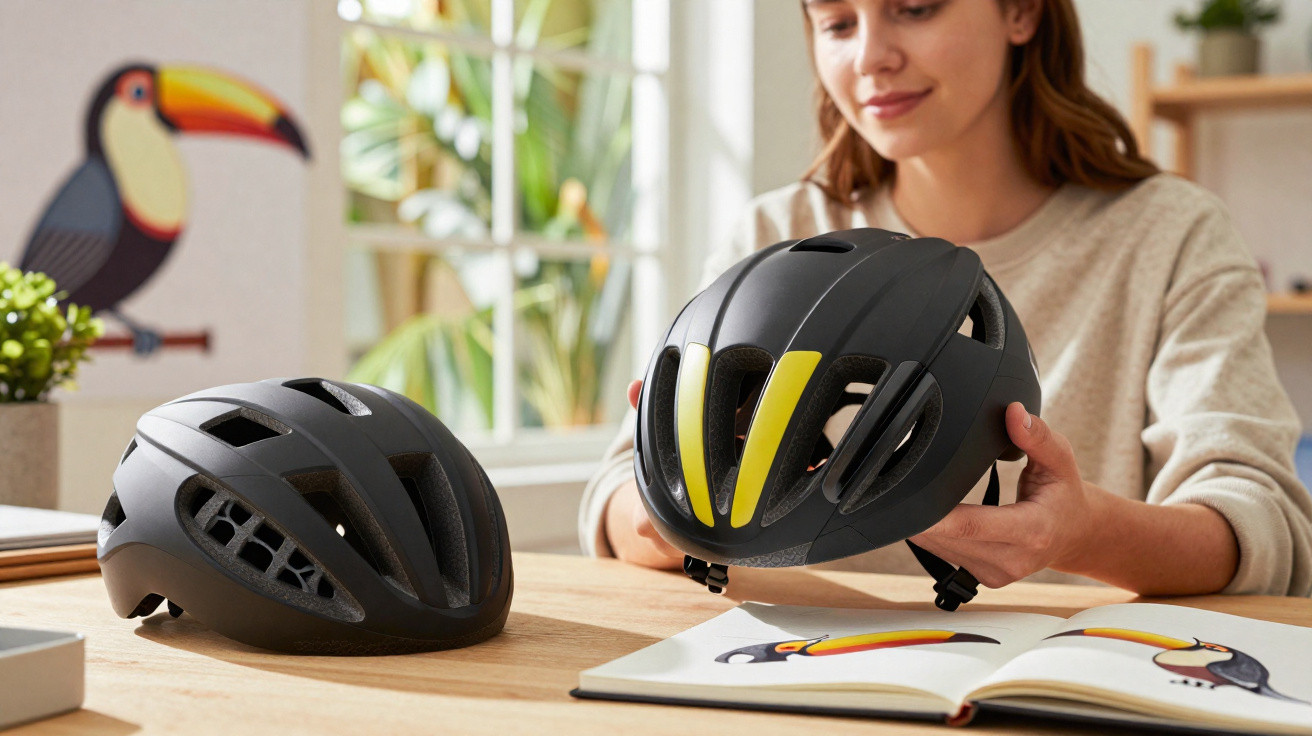 Pessoa segura capacete preto com detalhes amarelos sentada à mesa com outro capacete e livro aberto em ambiente iluminado.