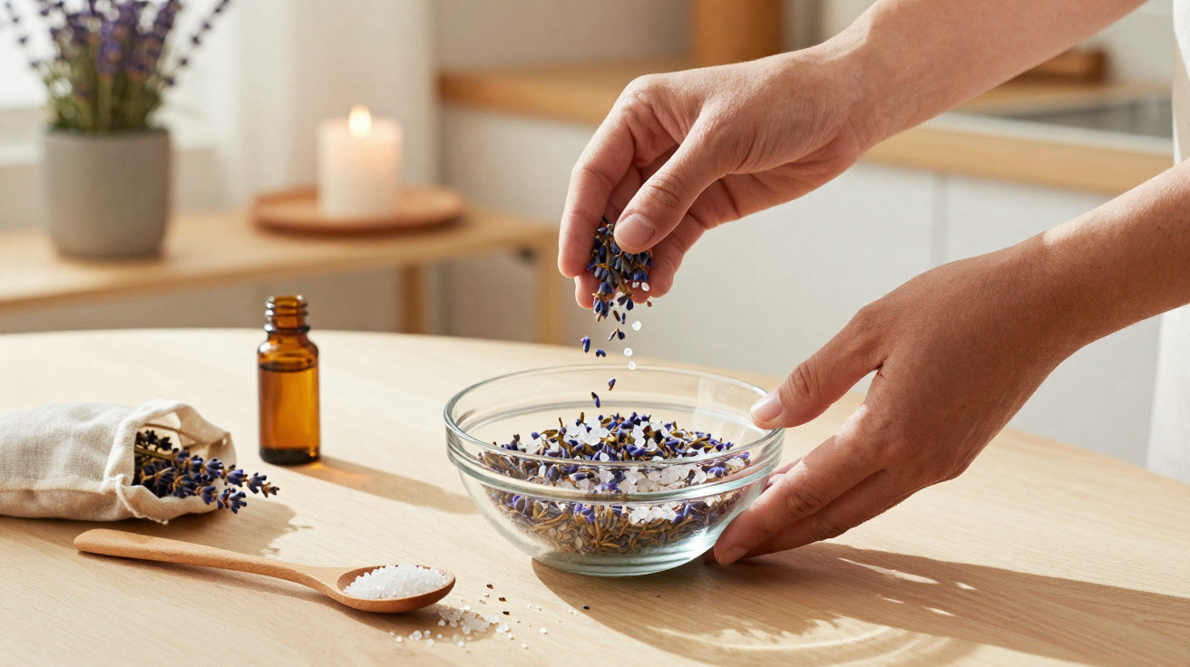 Mãos segurando flores secas sobre tigela de vidro com sal grosso em mesa clara com vela e óleo.