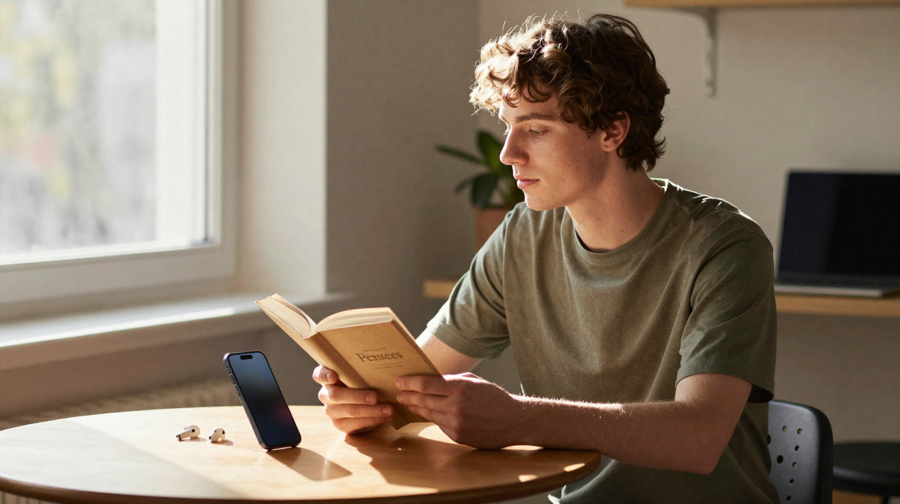 Jovem sentado à mesa lendo um livro com telefone e fones de ouvido ao lado em ambiente iluminado.