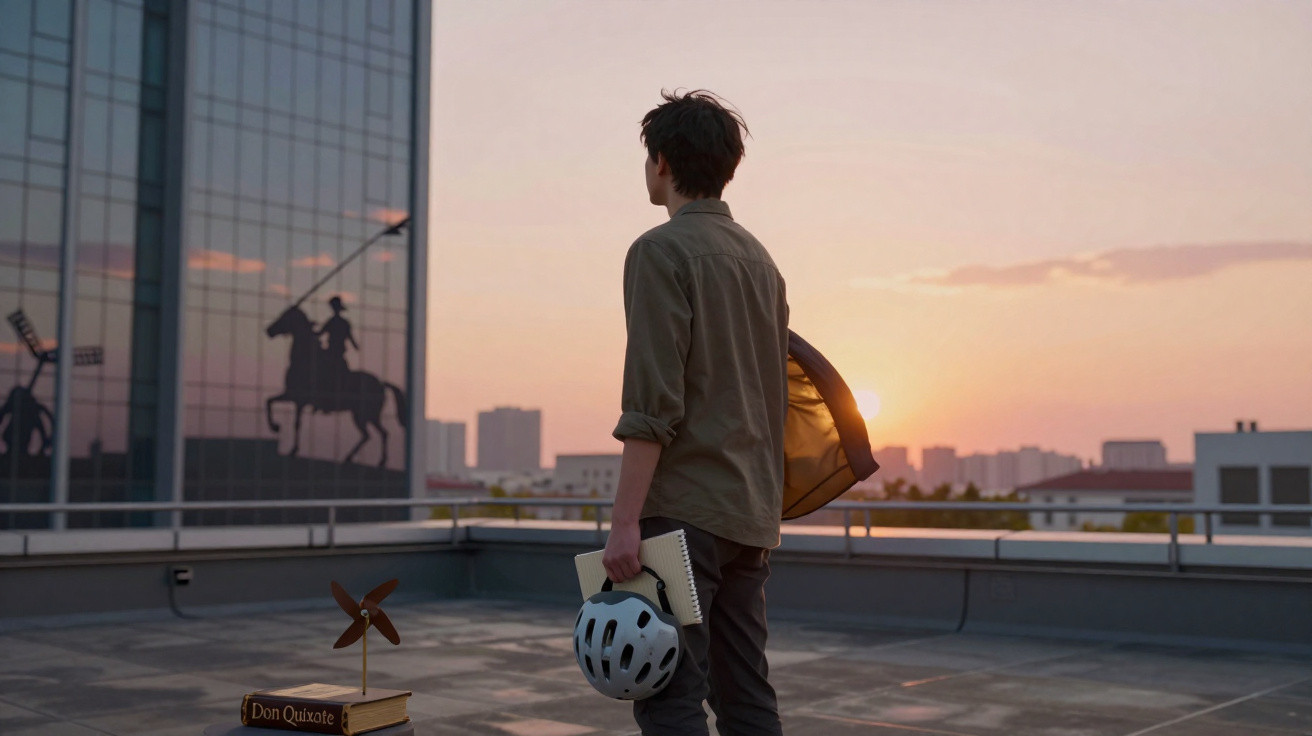 Jovem de costas segurando capacete e caderno, observando pôr do sol com reflexo de Dom Quixote em vidro.
