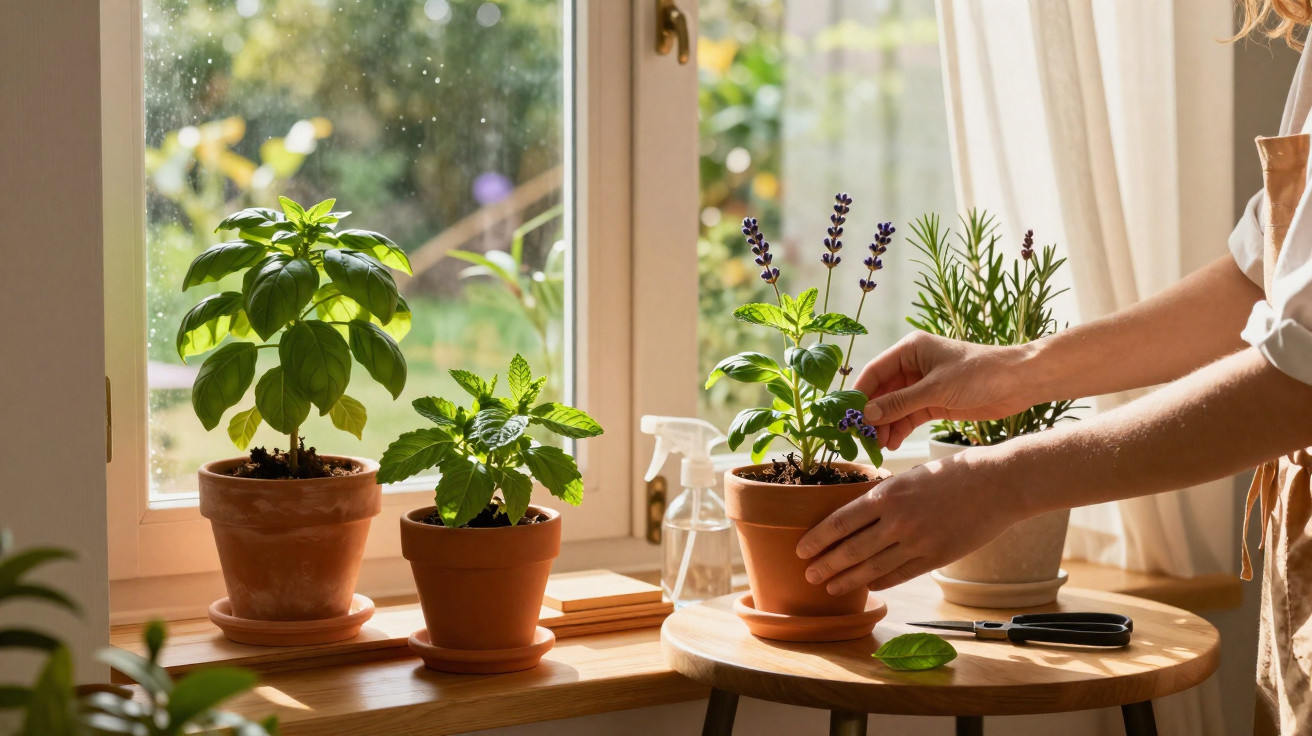 Pessoa cuidando de plantas em vasos de cerâmica ao lado de uma janela ensolarada.