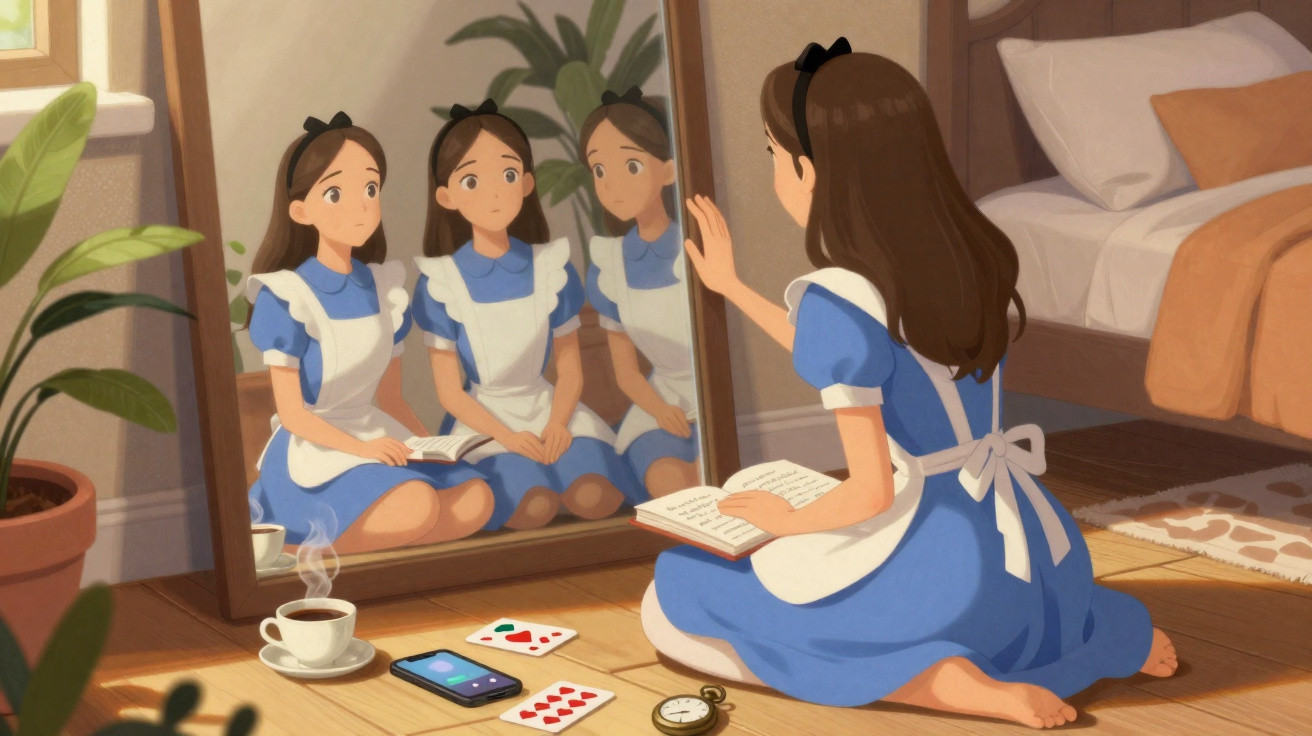 Garota em vestido azul e avental branco sentada no chão lendo livro diante de espelho grande no quarto.