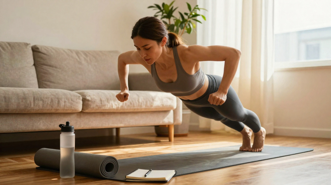 Mulher fazendo flexão no chão da sala, ao lado de tapete de yoga, caderno e garrafa d'água.