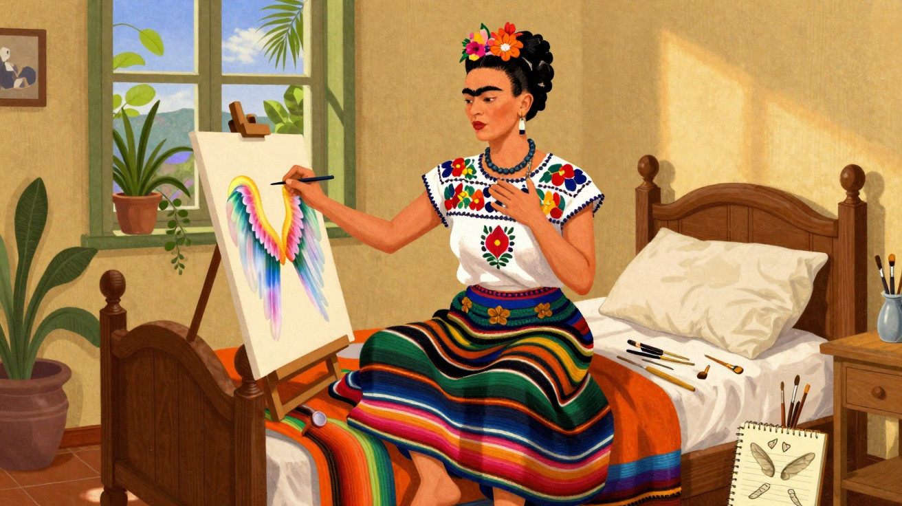 Ilustração de mulher com vestido mexicano pintando asas coloridas em cavalete dentro de quarto com plantas e cama.