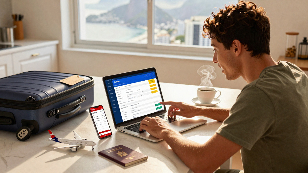 Homem usando laptop e celular para reservar voo, com passaporte, mala e xícara de café na mesa.