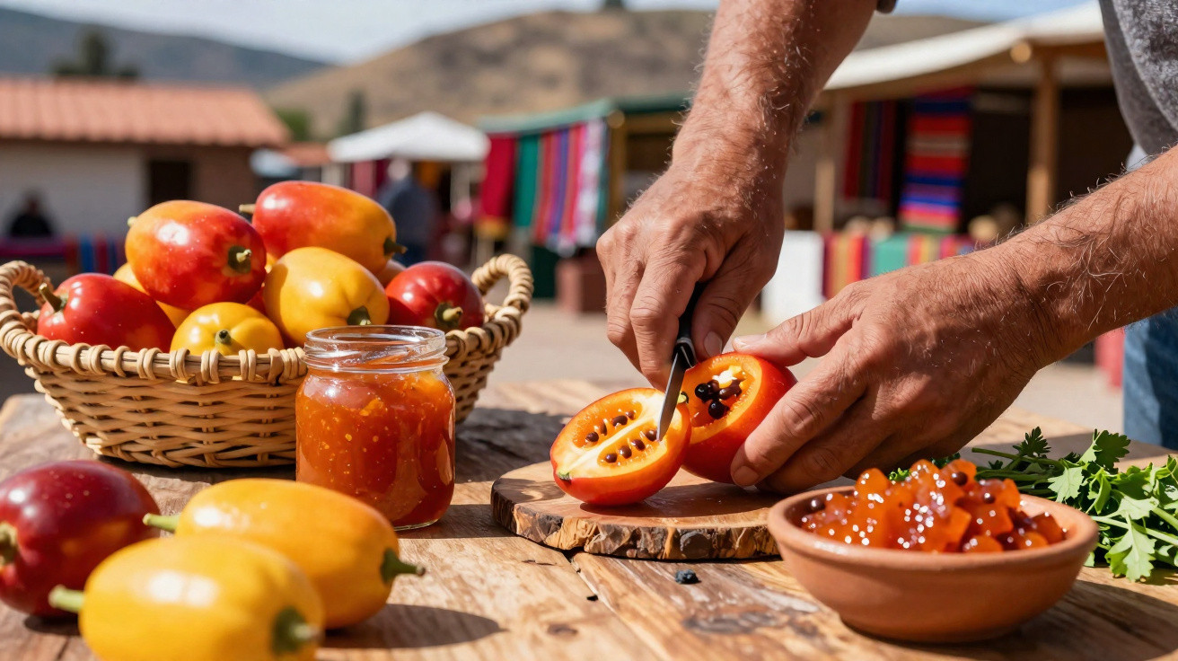 Mãos cortando tomate de árvore em tábua, frutas e geleia em pote e cesto sobre mesa de madeira.