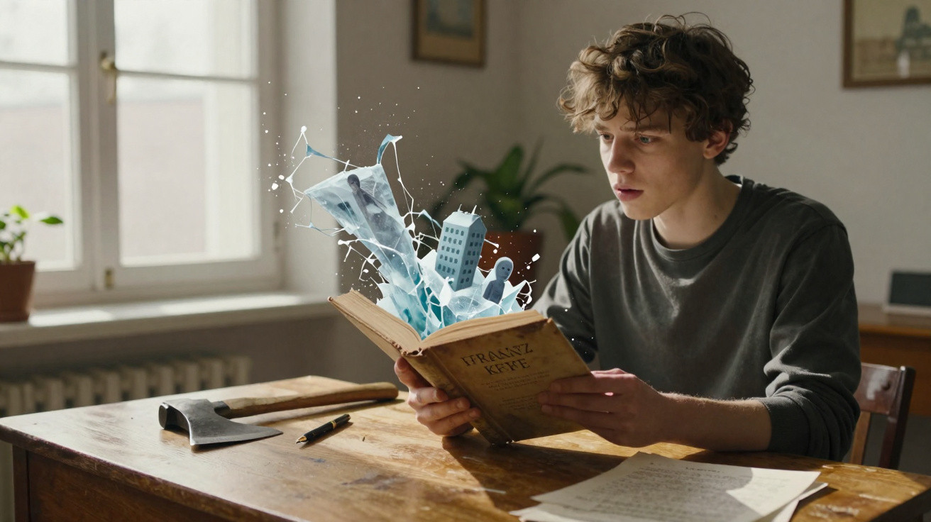 Jovem sentado lendo livro com imagens tridimensionais de prédios e pássaro saindo das páginas.