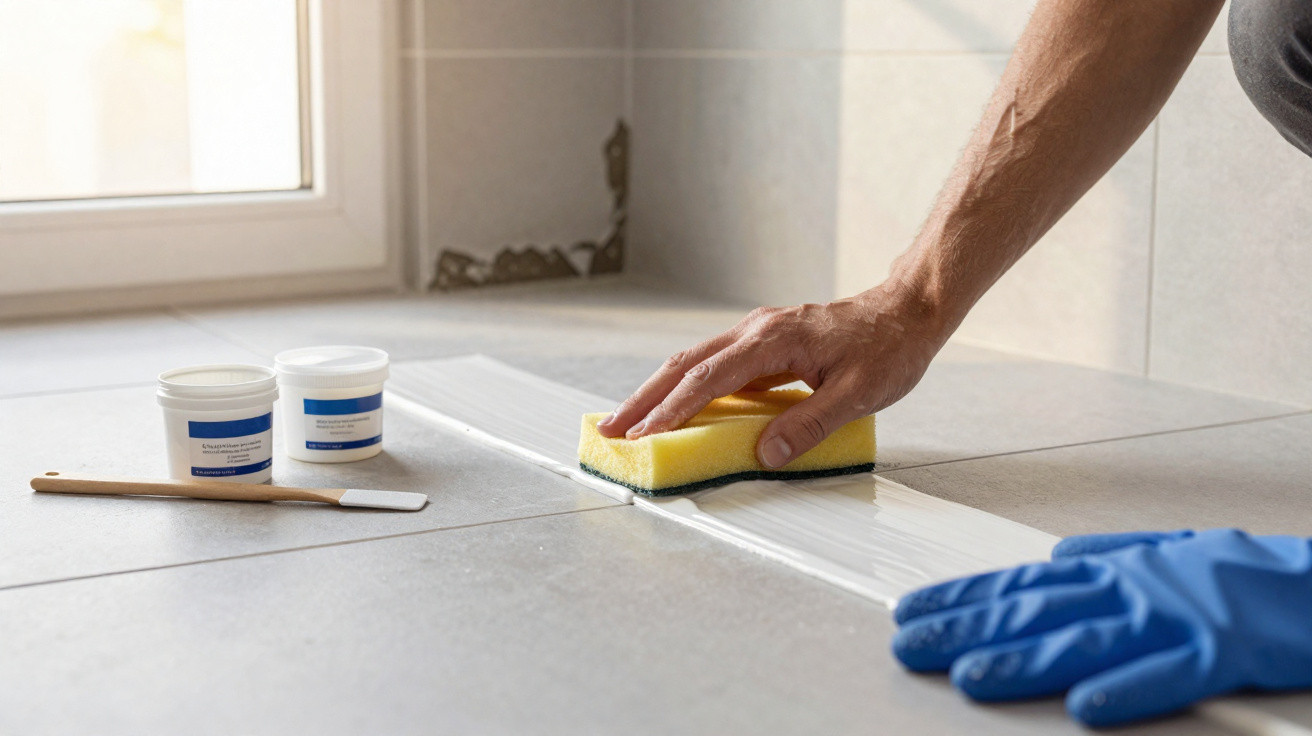 Pessoa aplicando rejunte branco entre azulejos cinza usando esponja amarela e luva azul.