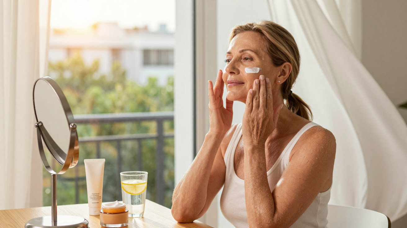 Mulher madura aplicando creme facial sentada à mesa com espelho e copo d'água com limão.