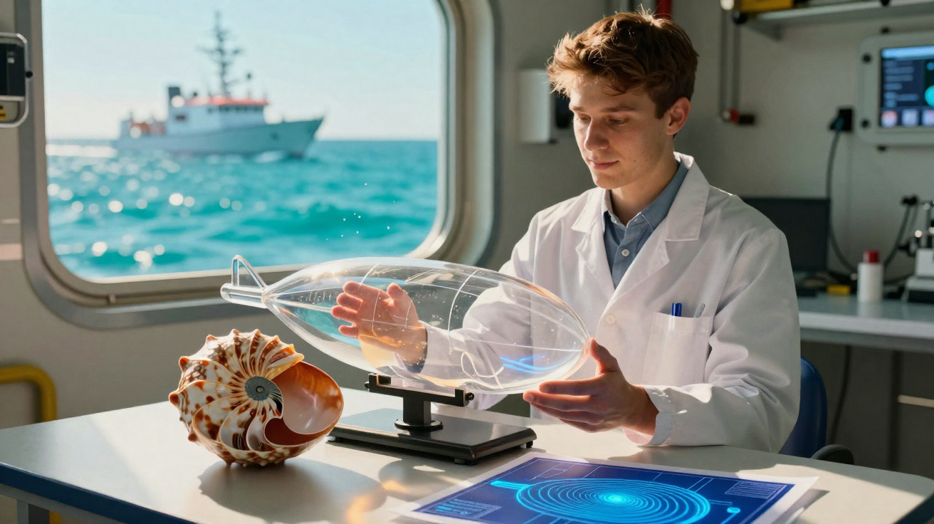Jovem cientista em laboratório de barco analisando modelo transparente de submarino ao lado de concha.