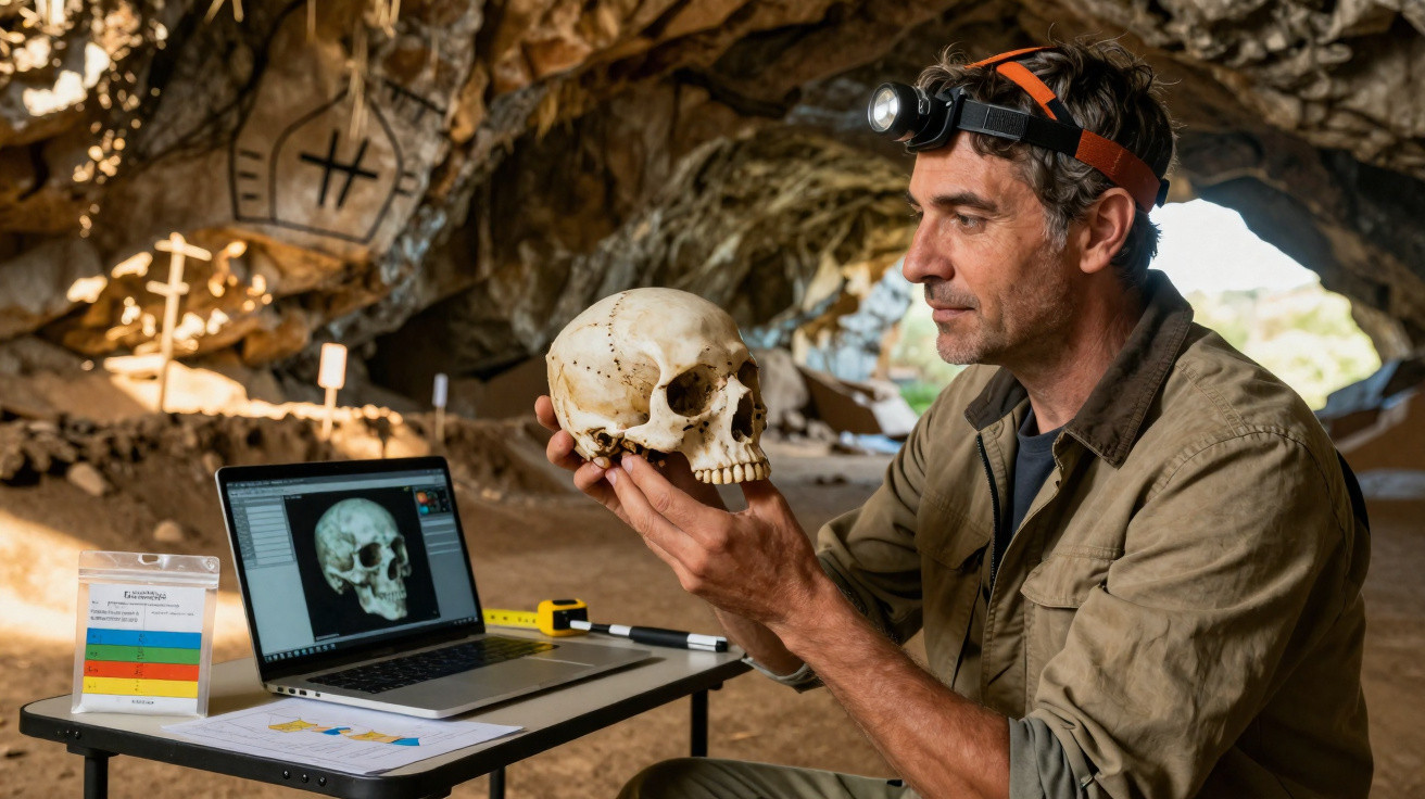 Homem em caverna analisa crânio humano enquanto trabalha com laptop e equipamentos arqueológicos.