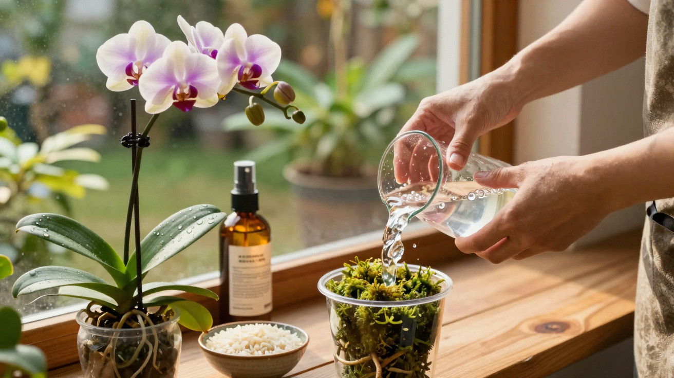 Pessoa regando planta suculenta em vaso próximo a orquídea e frascos sobre bancada de madeira perto da janela.