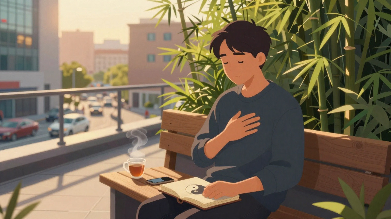 Jovem sentado em banco ao ar livre lendo livro de yin yang com chá quente ao lado em ambiente urbano tranquilo.