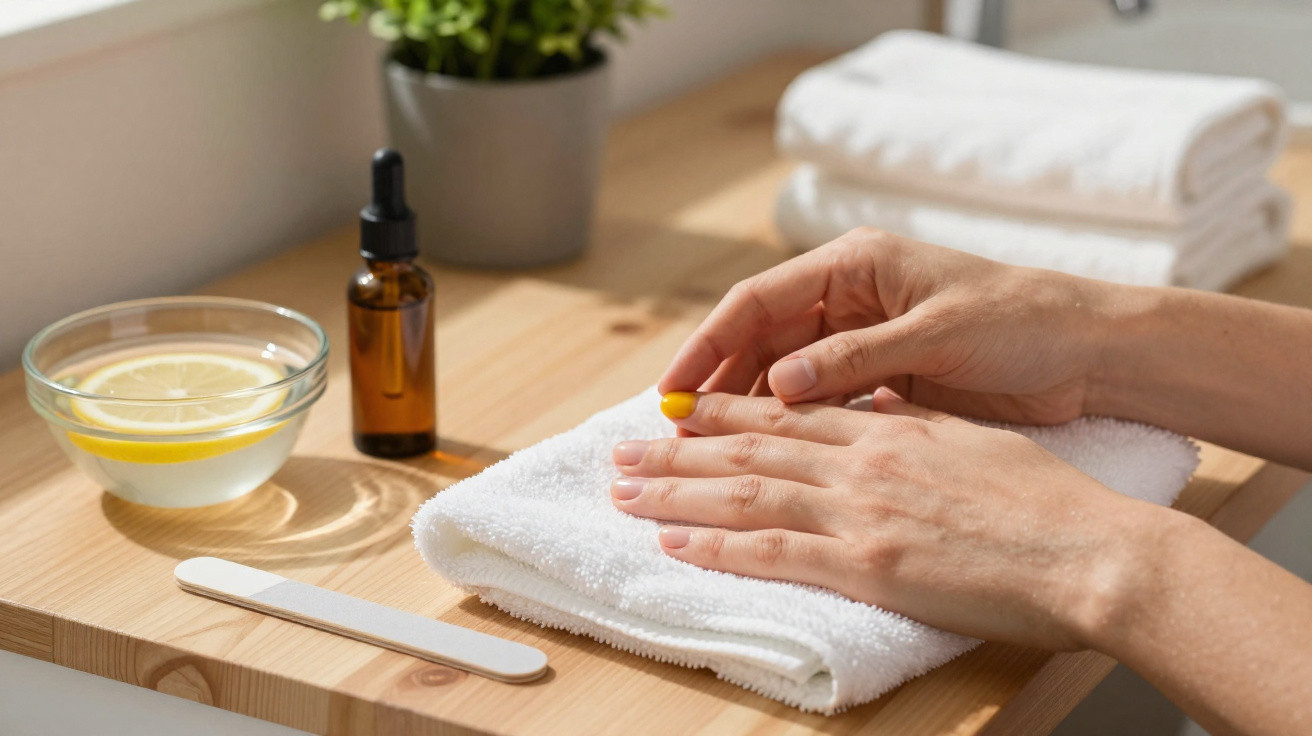 Mãos femininas aplicando óleo de cutícula em unhas sobre toalha branca em ambiente de cuidados pessoais.