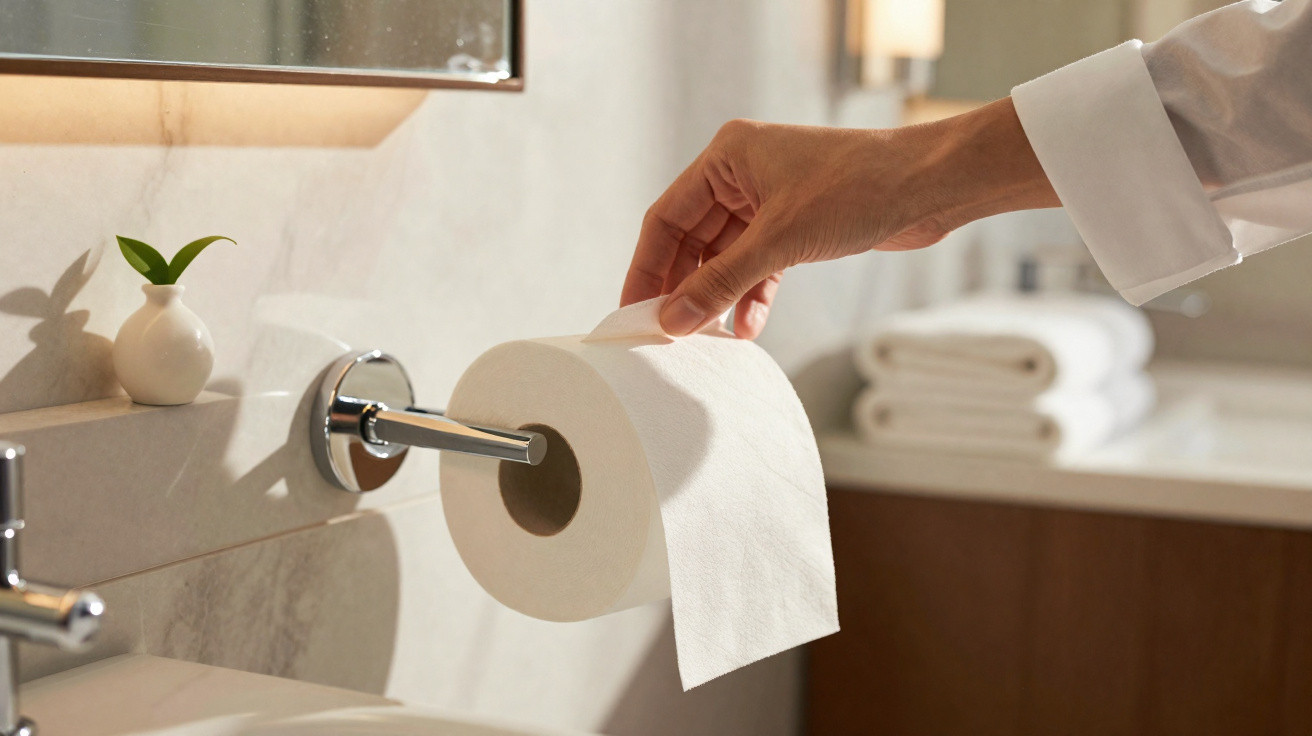 Mão puxando papel higiênico em suporte de banheiro com toalhas e vaso decorativo ao fundo.