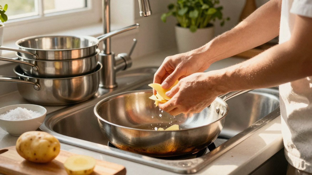 Mãos descascando batatas sobre frigideira em cozinha iluminada, com panelas e ingredientes ao redor.