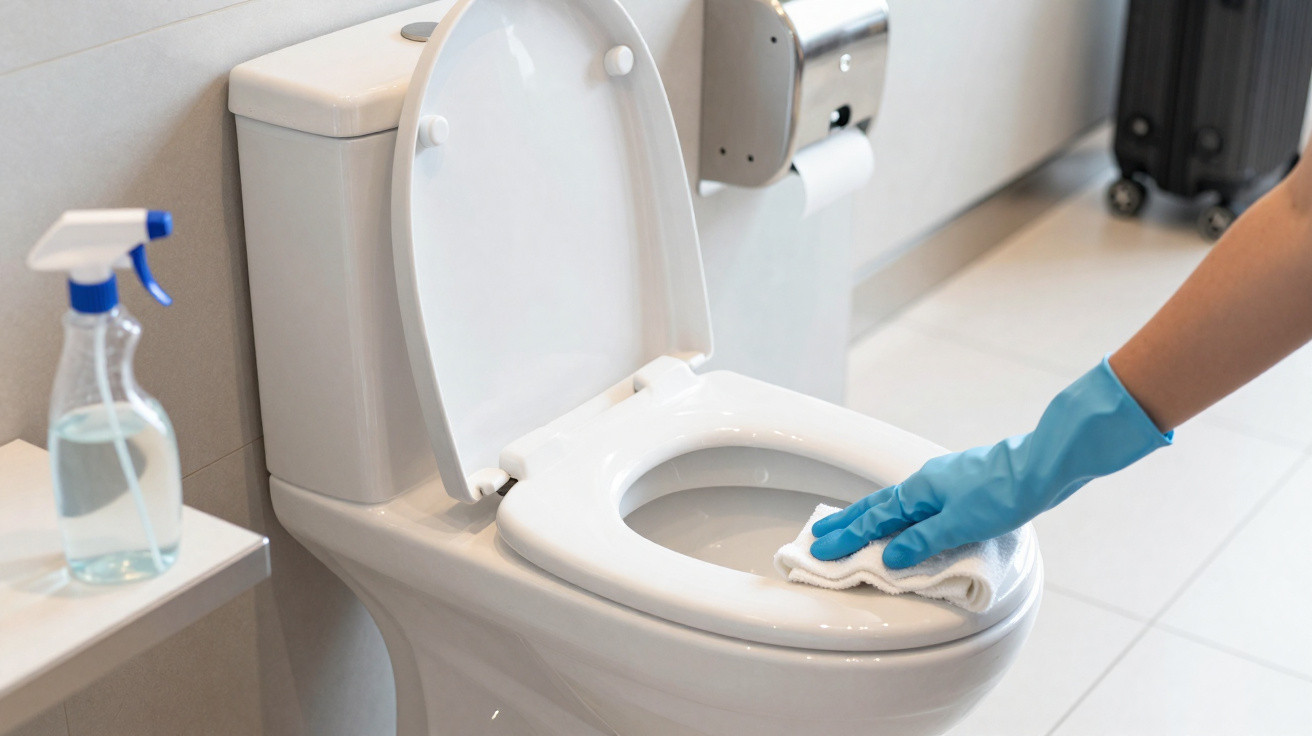 Pessoa limpando vaso sanitário com pano branco e luva azul em banheiro claro.